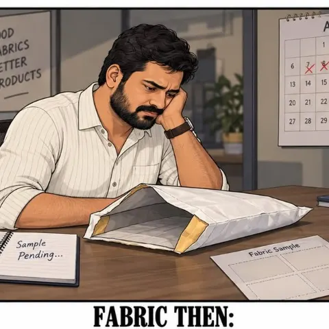 Carousel cover: illustrated garment buyer frustrated while waiting on fabric samples